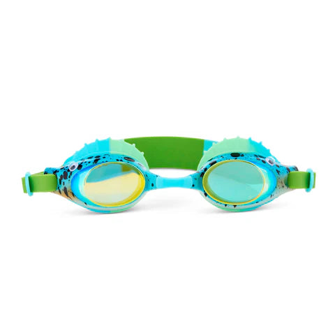 Swimming goggles with green and blue design on a white background