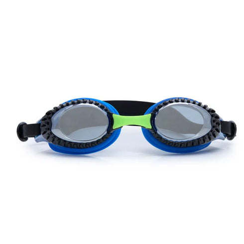Pair of dog goggles with blue frames and black rubber straps on a white background
