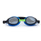 Pair of dog goggles with blue frames and black rubber straps on a white background