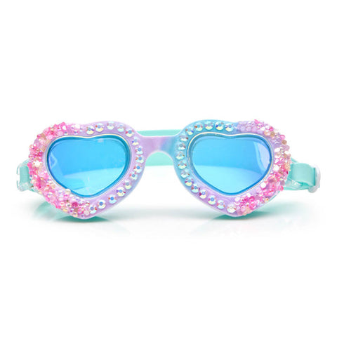 Heart-shaped sunglasses with pink and blue frame and blue lenses on a white background