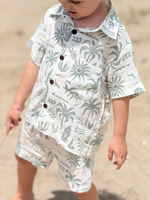 Linen tropical print boys shirt and shirt set