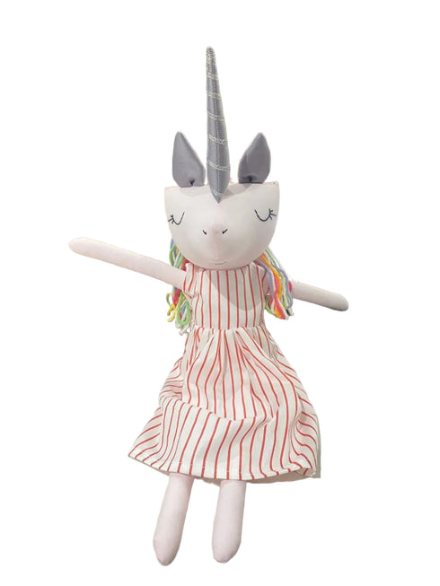 Unicorn plush toy with a striped dress on a white background
