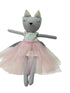 Stuffed toy cat in a pink dress on a white surface with a blurred background