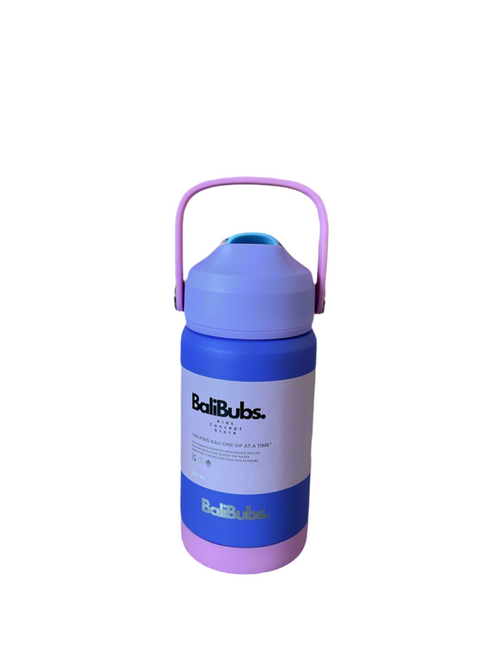 stainless steel Blue and purple water bottle with 'BaliBubs' branding