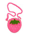 Pink crochet strawberry-shaped bag with a green leaf on a white background