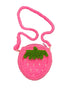 Pink crochet strawberry-shaped bag with a green leaf on a white background