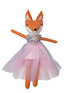 Plush fox toy with a pink dress on a white background