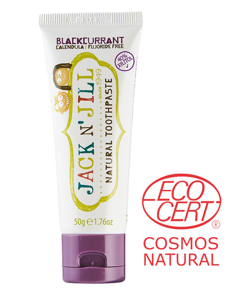 Jack N' Jill natural toothpaste in blackcurrant flavor, with the EcoCert COSMOS certification fluoride free