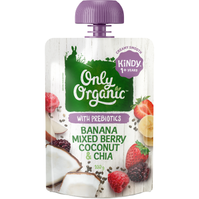 Only Organic baby food pouch with banana, mixed berry, coconut, and chia
