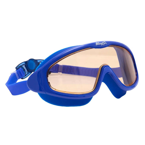 Blue swim goggles with a clear lens on a white background