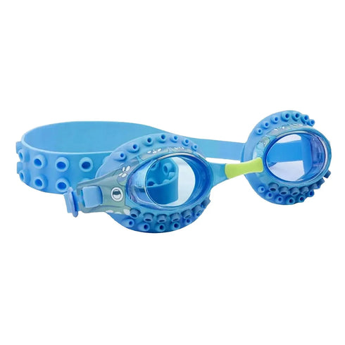 Blue swim goggles with a white background