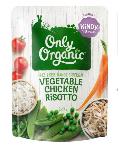 Packaging of Only Organic Vegetable Chicken & Risotto with images of chicken, vegetables, and risotto on the front.