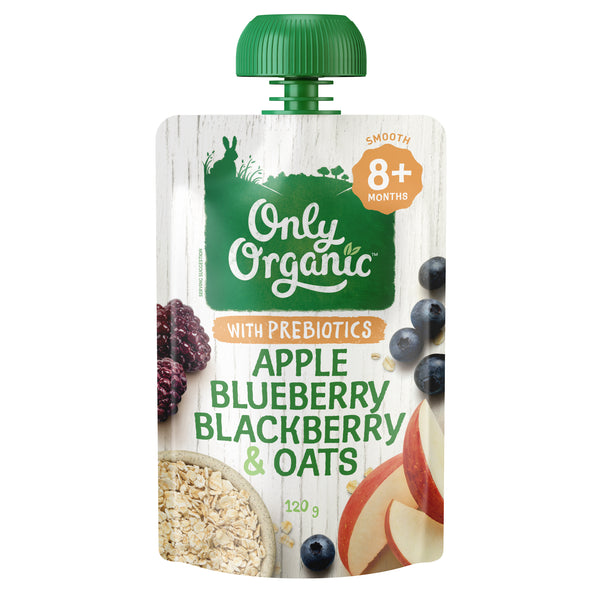A pouch of Only Organic baby food featuring Apple Blueberry Blackberry & Oats. The packaging shows images of the fruits and oats, indicating the ingredients.