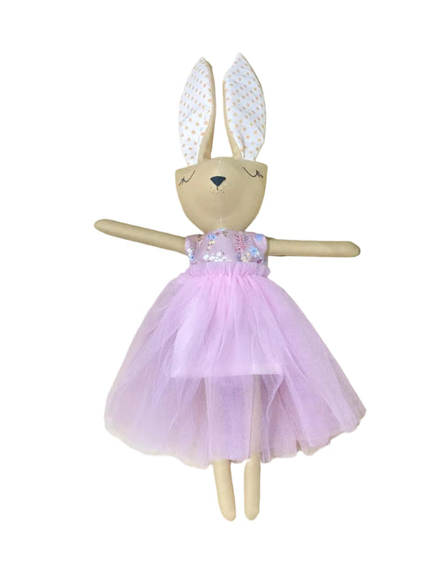 Stuffed bunny toy in a pink dress with a white tutu on a white background