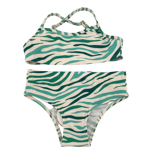 Children's bikini set with electric tiger emerald pattern, featuring a rounded neckline and high-waisted bottoms.