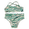 Children's bikini set with electric tiger emerald pattern, featuring a rounded neckline and high-waisted bottoms.