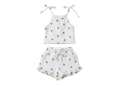 Cotton strawberry 2 piece girls crop top and shorts. Eco friendly handmade in Indonesia.