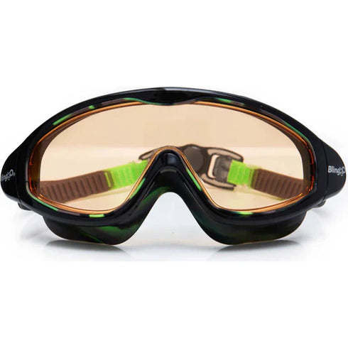 Black goggles with tan lenses on a white background