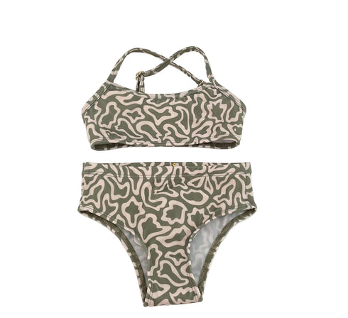 A kids' bikini set with a Butterflight print in olive green and darker tones, consisting of high-waisted bottoms and a matching top with a rounded neckline.