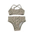 A kids' bikini set with a Butterflight print in olive green and darker tones, consisting of high-waisted bottoms and a matching top with a rounded neckline.