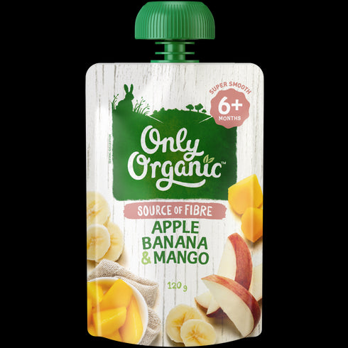 A pouch of Only Organic baby food featuring apple, banana, and mango. The packaging indicates it is suitable for babies 6+ months old.