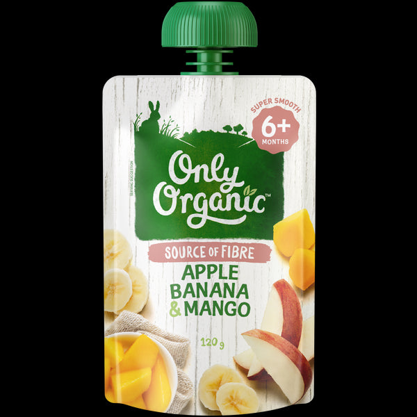 A pouch of Only Organic baby food featuring apple, banana, and mango. The packaging indicates it is suitable for babies 6+ months old.