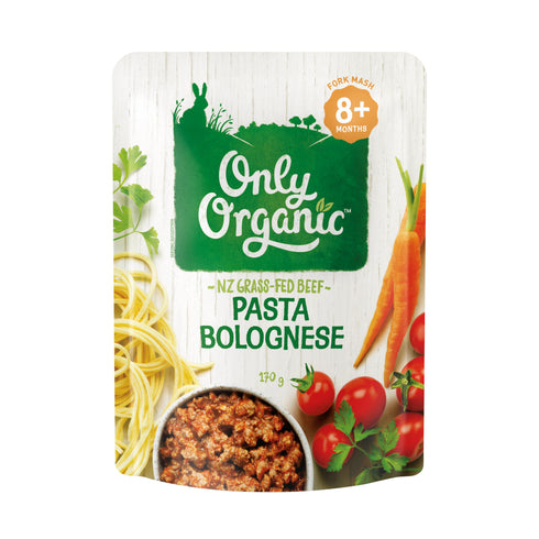 Packaging of Only Organic Pasta Bolognese with an image of the product and ingredients like pasta, tomatoes, and carrots. It is labeled for babies 8+ months.