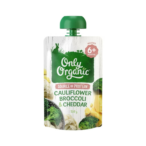 A pouch of Only Organic Cauliflower, Broccoli & Cheddar baby food. The packaging is primarily green and white with images of the ingredients and text indicating it is suitable for babies 6+ months.