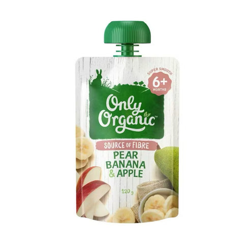 A pouch of Only Organic Pear Banana & Apple puree, indicating it is suitable for babies 6+ months old.