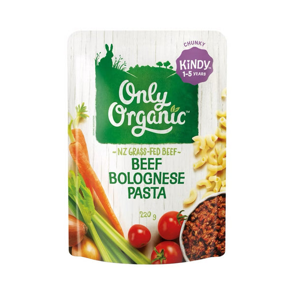 Packaging of Only Organic Beef Bolognese Pasta showing the product name, an image of a child, and ingredients like beef, tomatoes, and pasta.