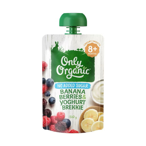 A pouch of Only Organic Banana Berries & Yoghurt Brekkie baby food. The packaging shows images of bananas, blueberries, raspberries, and yogurt, indicating the contents of the product.