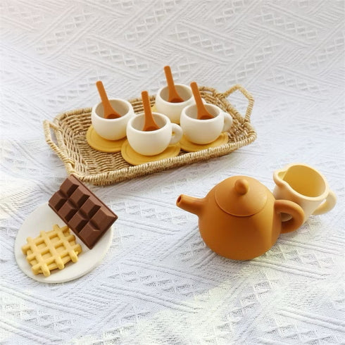 Eco-friendly wooden tea set handmade by Bali artisans for children aged 3-8