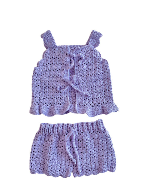 lilac crochet handmade top and shorts set