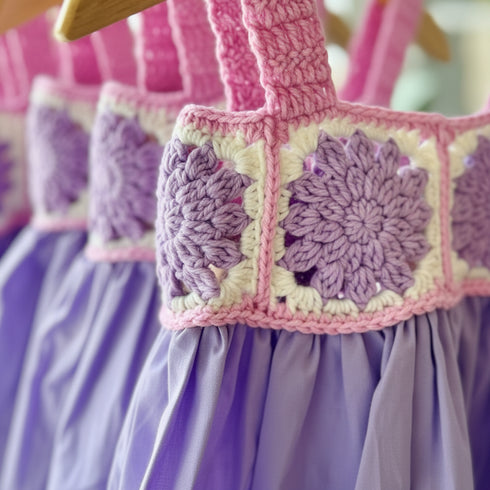 Purple dress with pink and purple crocheted pattern on a hanger