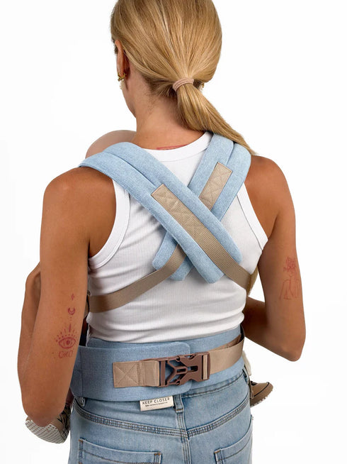 Person wearing a blue and beige back brace
