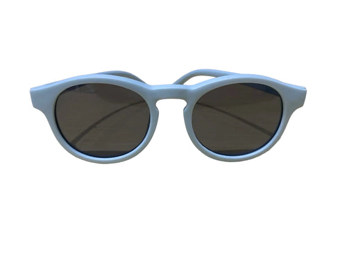 Sunglasses with baby blue frame and dark lenses on a white background