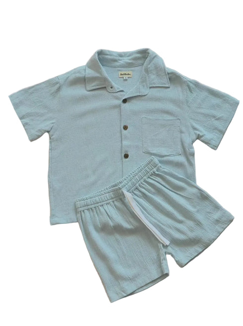 light blue linen shirt and shorts set for boys made with eco friendly sustainable fabric