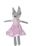 Stuffed toy fox in a pink checkered dress on a white background