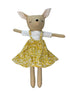 Toy deer with a yellow floral dress on a white background