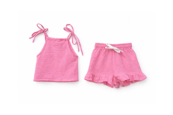 Pink tank top and shorts set on a white background