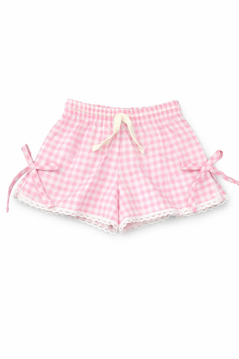 Pink gingham shorts with lace trim