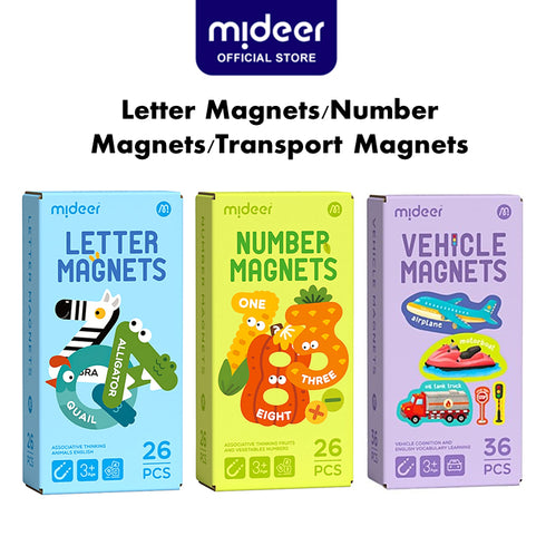 Mideer Magnets sets, featuring boxes with colorful animal illustrations and letters, indicating the product is for children's educational use.
