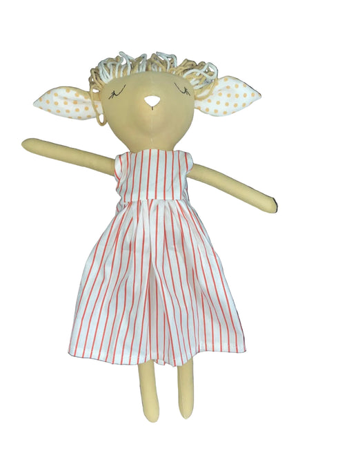 Toy doll with a striped dress on a white background