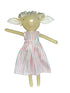 Toy doll with a striped dress on a white background