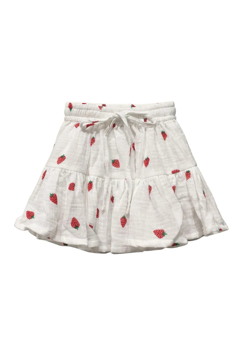 White skirt with red strawberry pattern handmade in Bali of soft cotton.